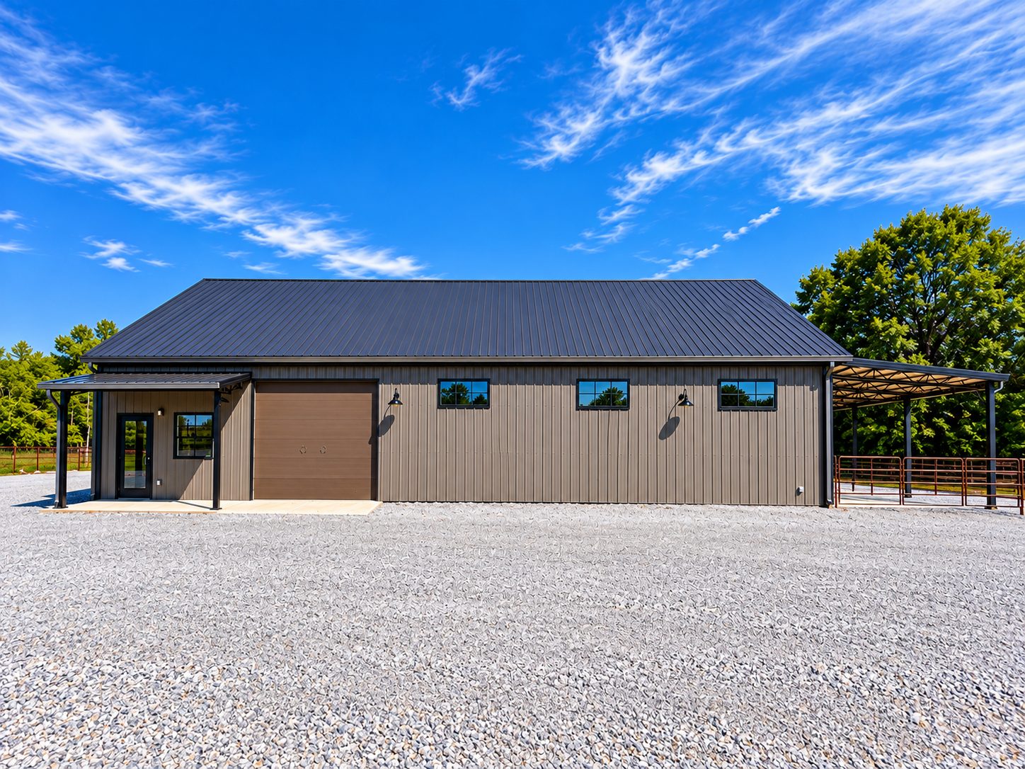 Heritage's large animal barn with a covered livestock bay and pens